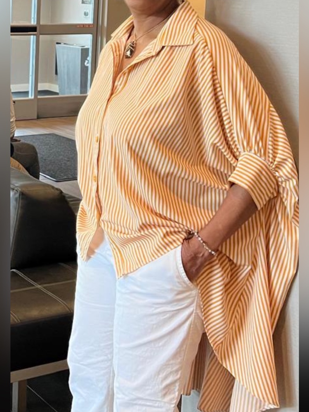 Striped Button-Front Women’s Tunic Top in Mustard Stripe